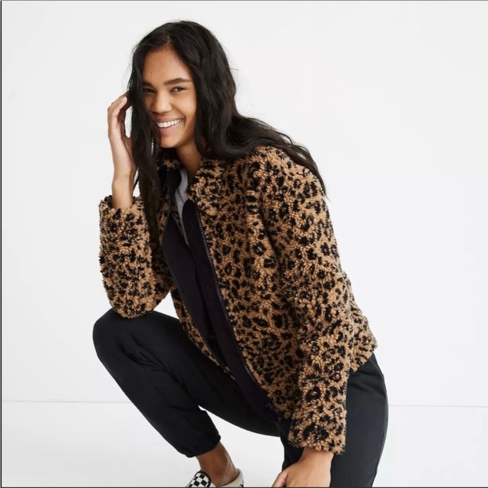 Madewell Sherpa Bomber Jacket in Leopard - Size XS
